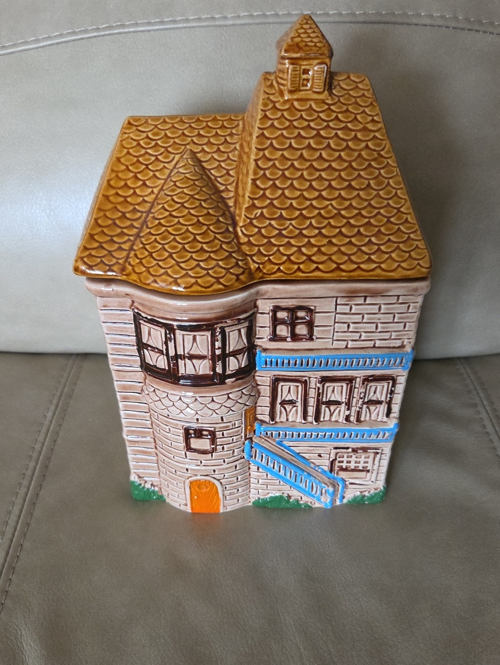 Vintage Decorative Ceramic House Cookie Jar - Brown and Blue Japan